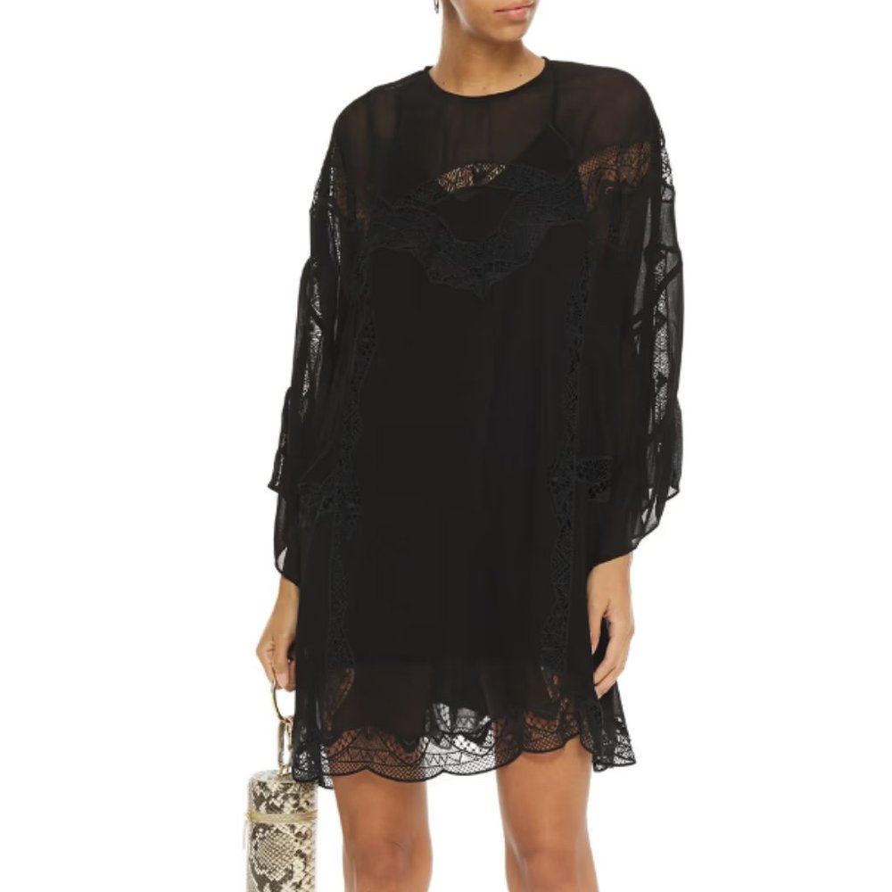 NWOT Iro IRO Farila macramé lace-trimmed georgette mini dress sz. 38